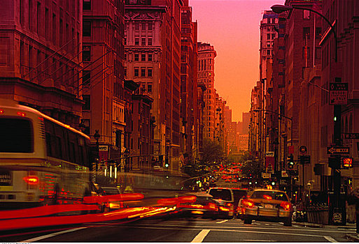 交通,城市街道,日落,纽约,美国