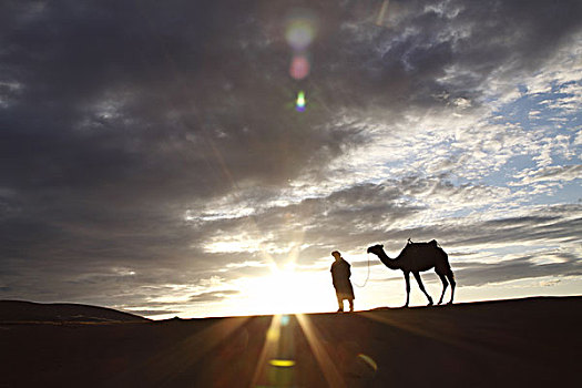 非洲,北非,摩洛哥,撒哈拉沙漠,梅如卡,却比沙丘,部落男人,骆驼,日出
