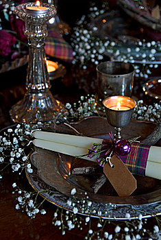 餐具摆放,蜡烛,细枝,系,花,银盘