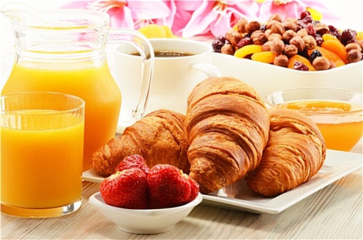 早餐,牛角面包,咖啡杯,水果