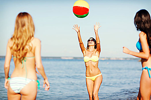 暑假,度假,海滩,活动,概念,女孩,玩,球