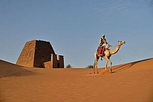 男人,骑,正面,金字塔,北方,墓地,麦罗埃,努比亚,苏丹,非洲