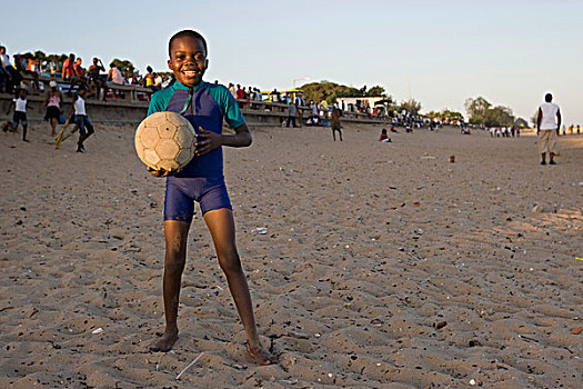 莫桑比克,马普托,头像,男孩,玩,排球,日落