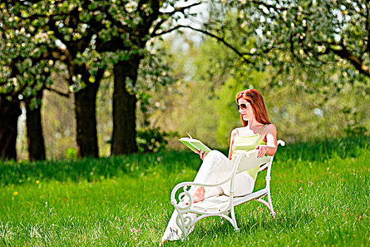 长,红发,女人,读,书本,白色背景,长椅,绿色,草地,浅