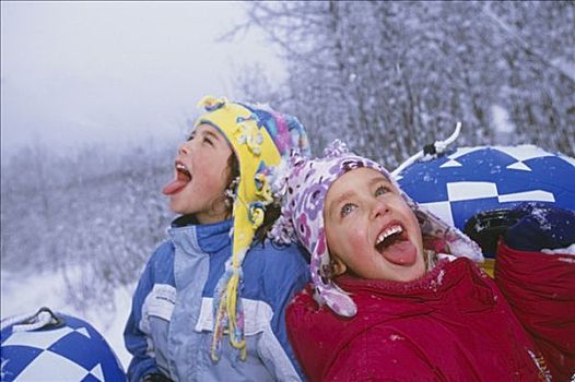 女孩,抓住,雪花,舌头,室外,雪橇运动,阿拉斯加,冬天