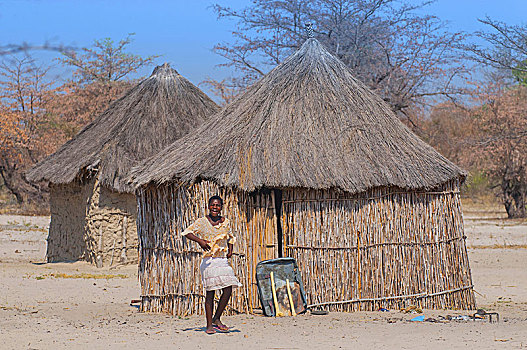 女人,靠近,特色,非洲,圆,小屋,博茨瓦纳