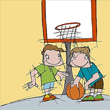 两个男孩,玩,篮球