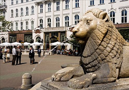 狮子,喷泉,正面,咖啡,布达佩斯,匈牙利,东南欧,欧洲