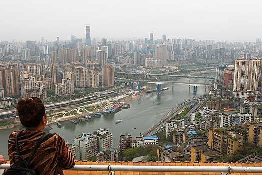 女人,看,摩天大楼,城市,重庆,省,中国,亚洲