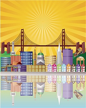 旧金山,城市天际线,日出,插画