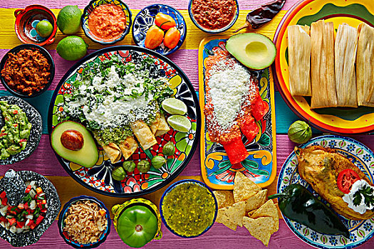 绿色,红色,玉米卷饼,墨西哥,酱,搅拌,彩色,桌子