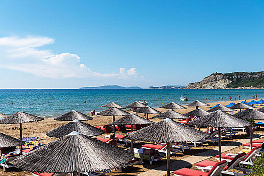 遮阳伞,海滩,岛屿,科孚岛,爱奥尼亚群岛,地中海,希腊,欧洲