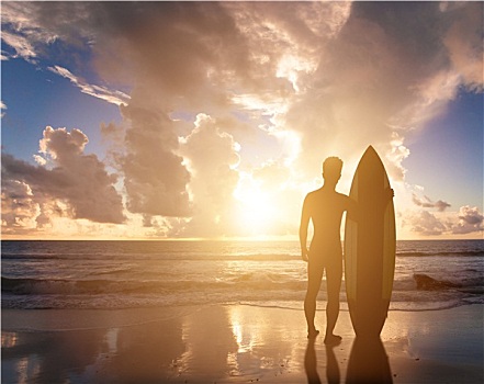 冲浪,站立,男人,海滩,看,日出