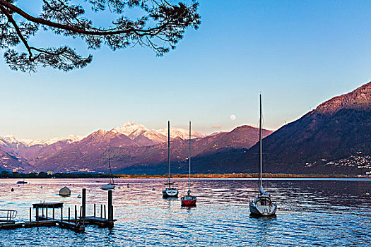 停泊,帆船,码头,马焦雷湖,正面,积雪,山,满月,瑞士