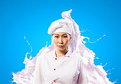 亚洲女性,烹饪,站立,牛奶,红色,围裙,背景
