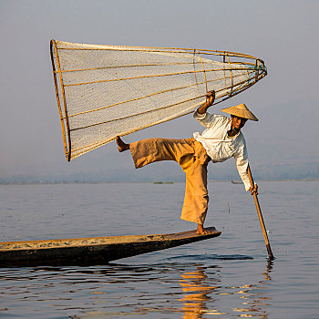 腿,划船,风格,渔民,茵莱湖,缅甸,亚洲