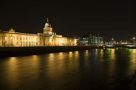 海关大楼,利菲河,夜晚,都柏林,爱尔兰