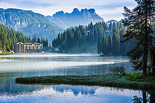 大酒店,雾气,上方,湖,壮观,山顶,白云岩,背景,靠近,意大利