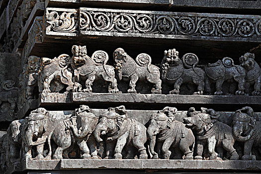 排,狮子,墙壁,霍沙勒斯哇拉庙,庙宇,曷萨拉,风格,印度南部,印度,南亚,亚洲