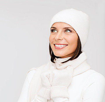 冬天,人,高兴,概念,女人,帽子,围巾,手套