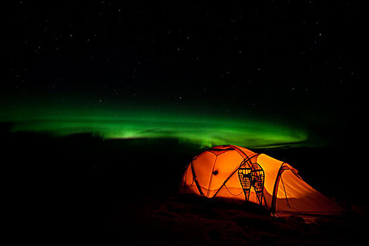 光亮,探险,帐蓬,传统,木质,雪地鞋,北极光,极光,绿色,靠近,育空地区,加拿大