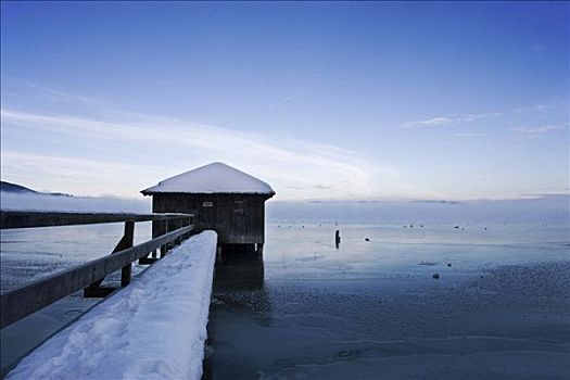 船,小屋,科赫尔湖,上巴伐利亚,德国,冬天