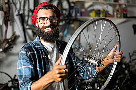 自行车,技工,检查,轮子,修理店