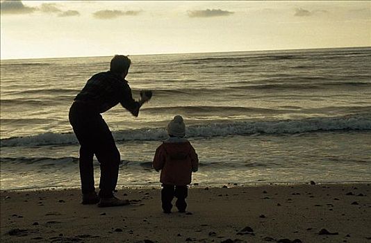 男人,父子,玩,海滩,海洋,假日