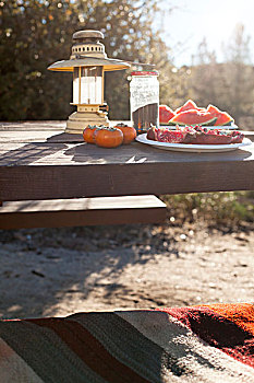 切削,水果,盘子,野餐桌