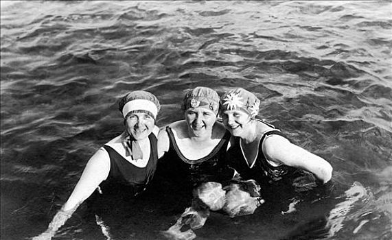 历史,照片,三个女人,游泳