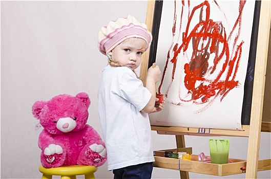 女孩,艺术家,画架,熊
