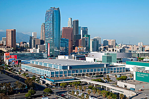 俯视,洛杉矶,会议中心,中心,竞技场,市区,天际线,后面