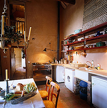 乡村,厨房,生食,石膏,墙壁,架子,简单,餐桌