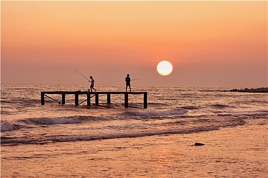 钓鱼,日落