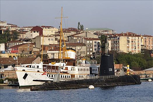 潜水艇,历史,渡轮,锚定,正面,科技,博物馆,金角湾,伊斯坦布尔,土耳其