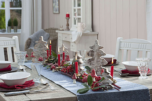 桌子,小,圣诞树,桦树,红色浆果