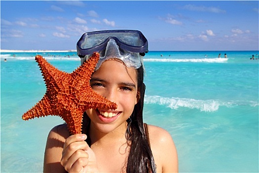 拉丁美洲,游客,女孩,拿着,海星,热带沙滩