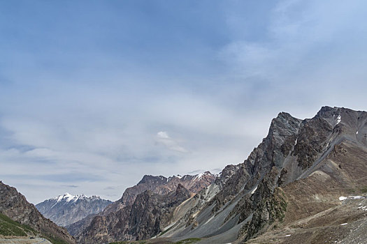 中国新疆夏季蓝天白云下g217独库公路沿途高山戈壁风景