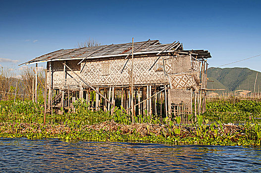 房子,竹子,棍,茵莱湖,缅甸