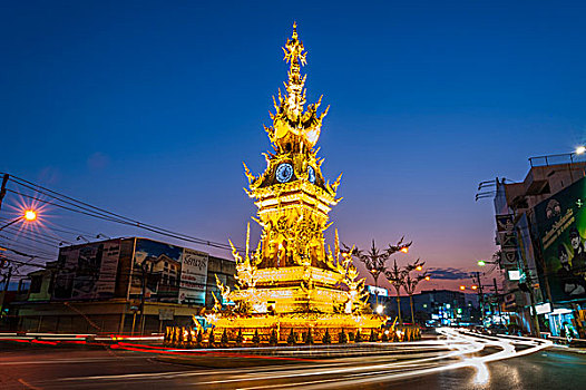 钟楼,夜晚,光影,交通工具,清莱,省,北方,泰国,亚洲
