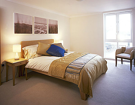 现代,卧室,双人床,金色,床罩,软垫,床头板,地面