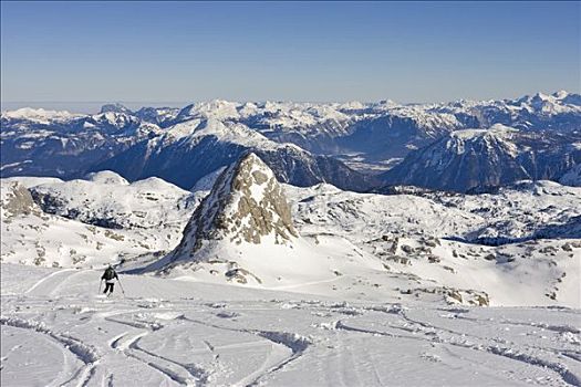 女人,滑雪,冰河,山,右边,山丘,施蒂里亚,奥地利,欧洲