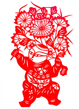 中国剪纸人物儿童拿着花