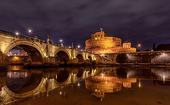 光亮,桥,夜晚,罗马,拉齐奥,意大利,欧洲