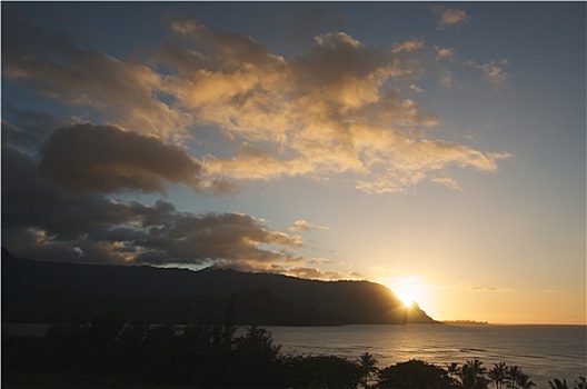 日落,上方,湾,考艾岛,夏威夷