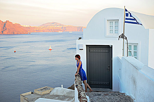 女人,蓝色,衣服,锡拉岛,南,爱琴海,希腊,欧洲
