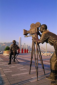 雕塑,城市天际线,背景,星光大道,尖沙嘴,九龙,香港,中国