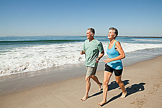 老年,夫妻,慢跑,海滩