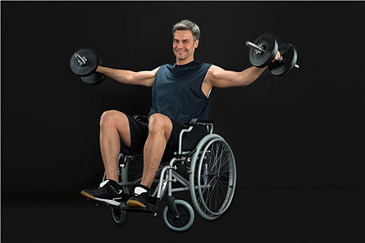 男人,轮椅,锻炼,哑铃