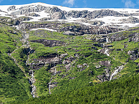 瀑布,西部,冰河,北方,松恩峡湾,区域,挪威